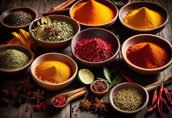 vibrant display colorful spices lively dishes arranged rustic wooden table textures natural elements, seasoning, ingredient, herb, culinary, meal, food