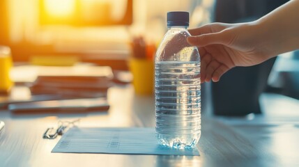 A hand setting a water bottle next to a to-do list, focus on hydration and productivity, blurred office tools in the background, bright lighting.