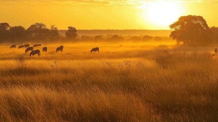 Obraz premium The golden grasslands of Kruger National Park at dawn, with a herd of zebras grazing in the distance.