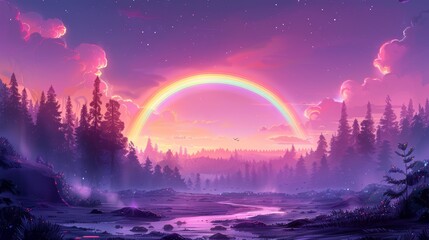 Enchanting Forest Landscape with Rainbow at Sunset and Starry Sky