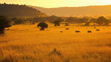 Obraz premium The golden grasslands of Kruger National Park at dawn, with a herd of zebras grazing in the distance.