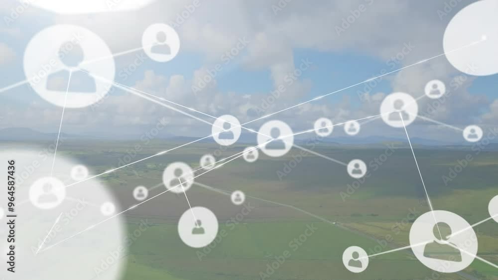 Poster animation of network of connections with icons over landscape
