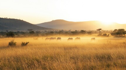 The golden grasslands of Kruger National Park at dawn, with a herd of zebras grazing in the distance.