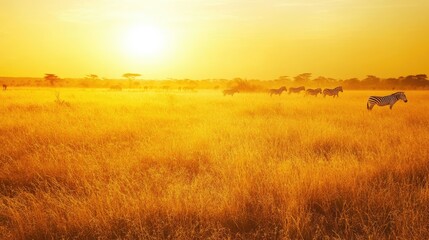 The golden grasslands of Kruger National Park at dawn, with a herd of zebras grazing in the distance.