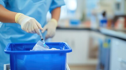 A healthcare worker disposing of a used syringe in a sharps container, focus on the disposal, blurred clean clinic background.
