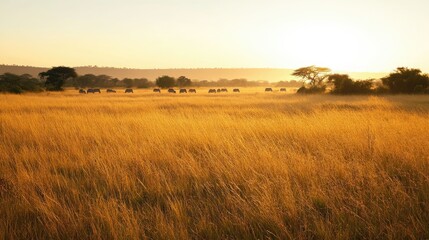 The golden grasslands of Kruger National Park at dawn, with a herd of zebras grazing in the distance.
