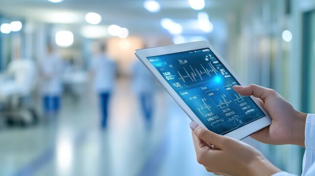 A hand holding a tablet displaying real-time health metrics stored in the cloud, focus on data points, blurred hospital in the background.