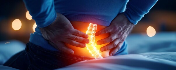 A close-up of a man s hand clutching his lower back, lying awake in bed due to severe pain