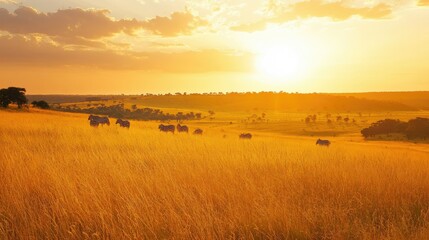 Obraz premium The golden grasslands of Kruger National Park at sunset, with a herd of zebras grazing in the distance.
