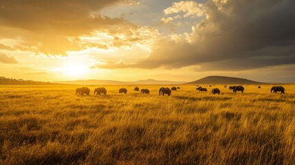 The golden grasslands of the Serengeti at sunrise, with a herd of elephants grazing in the distance.