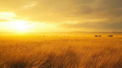 The golden grasslands of the Serengeti at sunrise, with a herd of elephants grazing in the distance.