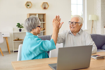 Senior family couple pay bills, buy good house insurance, have fun, manage finances on online banking website. Happy old grandfather and grandmother do high five gesture at table with modern laptop