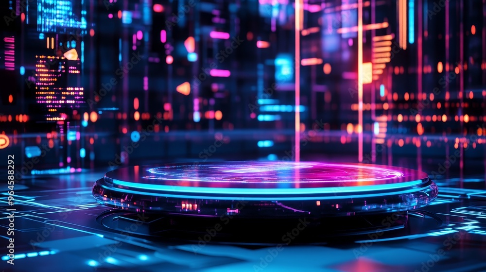 Poster a futuristic digital platform surrounded by vibrant neon lights and abstract patterns, suggesting a 