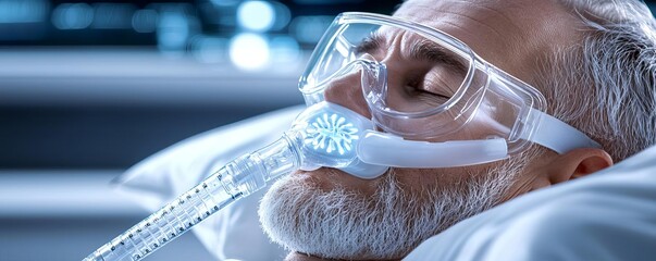 A middle-aged man in a modern bedroom, using a CPAP machine but still unable to sleep due to breathing difficulties