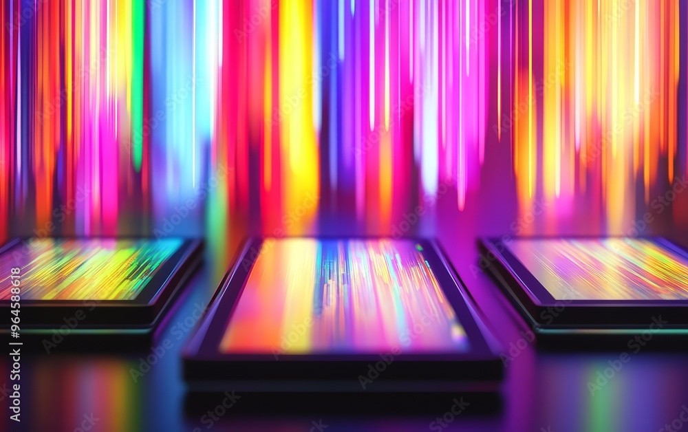Poster a vibrant display of colorful light streaks behind three tablets, creating a dynamic and modern tech