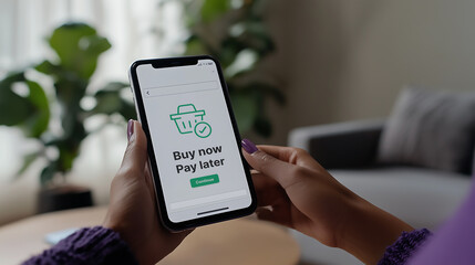 A person holding a smartphone displaying a "Buy Now, Pay Later" option