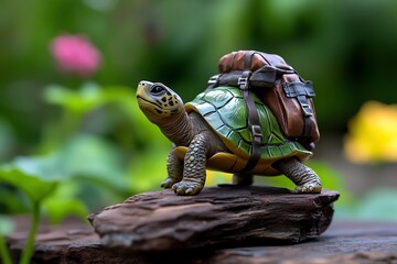 Funny statue, turtle carrying a backpack, off on an adventure captures the slow yet determined spirit of exploration