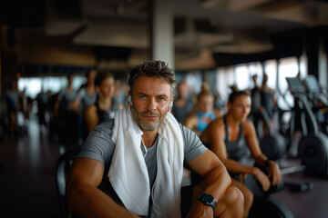 Obraz premium A man with a towel draped over his shoulders resting in the gym after exercise. Concept of well-being and health, self-care, and fitness recovery.