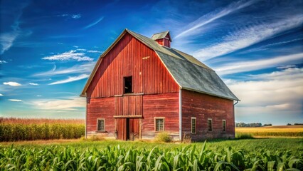 Obraz premium Old weathered red barn in rural Illinois surrounded by cornfields and blue sky