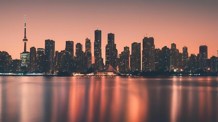 Fototapeta premium Panoramic view of Miami skyline at sunset, skyscrapers reflecting golden light over the water