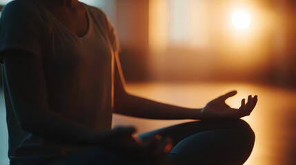 Detailed shot of a person doing breathing exercises with closed eyes, focus on hands resting on knees, blurred room in the background, soft light.