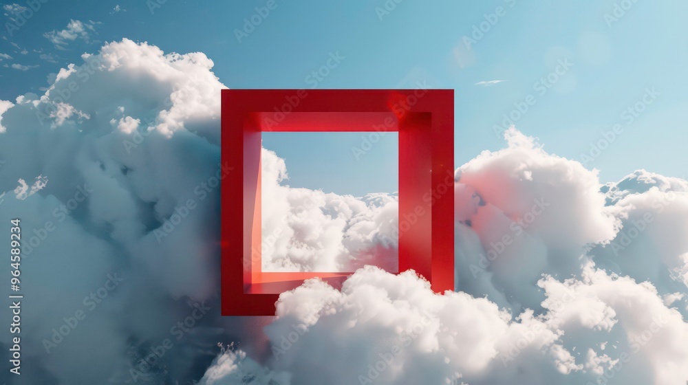 Poster a 3d red frame floating in the clouds against a blue sky.