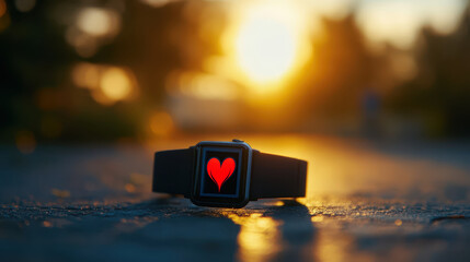 Close-up of a fitness tracker showing a daily routine checklist, sharp focus on the screen, blurred morning scenery in the background.