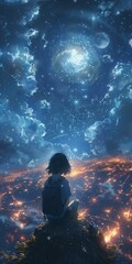Obraz premium Gazing into Infinity: An Anime Figure Contemplates the Vast Cosmos Under a Starry Sky with City Lights Below