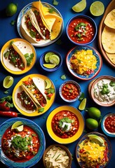 colorful presentation vibrant mexican dishes brightly colored tableware featuring fresh ingredients, tacos, enchiladas, salsa, plates, bowls, food, restaurant