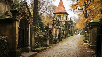 The historic Vyehrad Cemetery in Prague, final resting place of many famous Czech figures, with ornate tombstones.