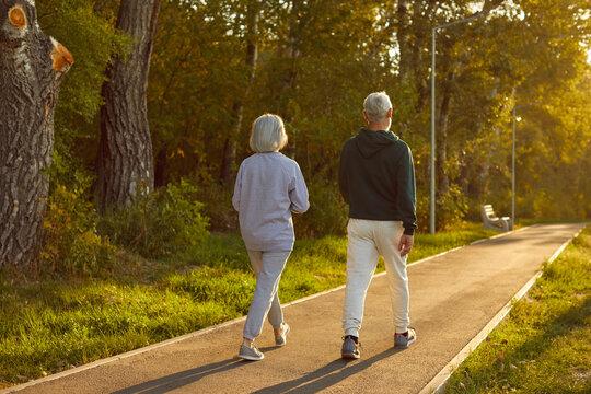 Senior active couple, old spouses enjoy walking outdoor, sporty fit wife and husband going to walk, exercise to feel calmness and serenity, summer, autumn hiking time, healthy lifestyle of retirees 
