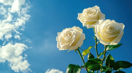 Fototapeta premium White roses against a bright blue sky with fluffy clouds, Ai Generation