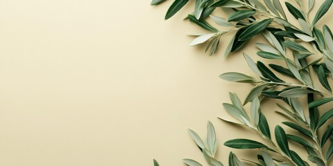 Brown khaki background decorated with Olives and olive branches. Background with olive leaves for your package and design illustration.