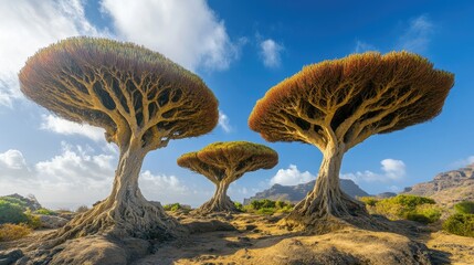 The iconic Dragon's Blood Trees of Socotra Island, with their umbrella-like canopies set against a blue sky.