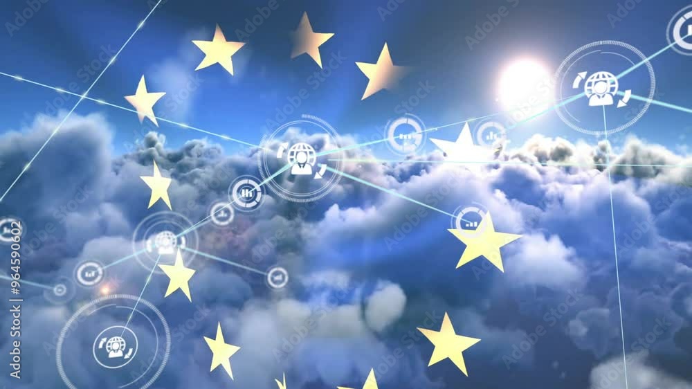Poster animation of network of connections with icons over flag of eu and clouds