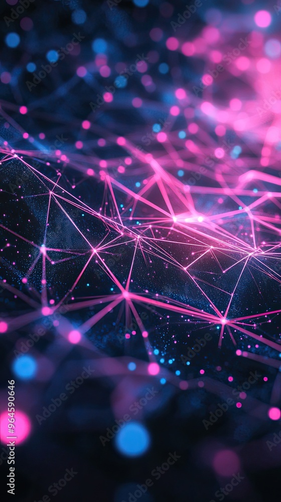 Poster a vibrant abstract design featuring interconnected lines and glowing nodes in pink and blue tones, i