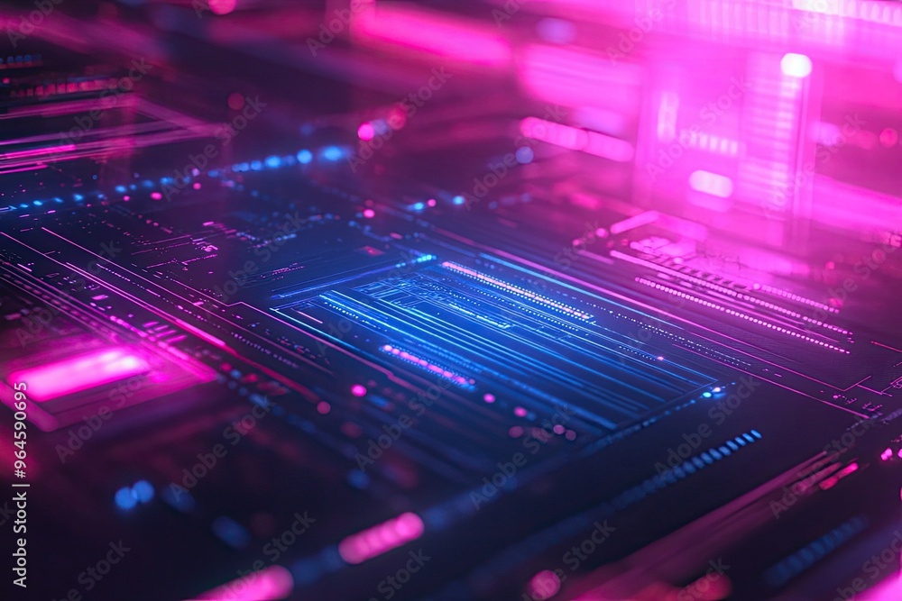 Poster a vibrant, abstract representation of digital circuitry with dynamic neon colors, perfect for techno