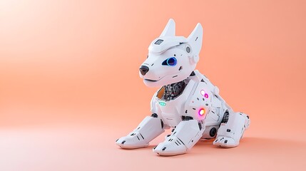 An ultra-sharp photograph of a robotic dog with futuristic design and LED lights, sitting attentively against a peach fuzz tone background. The deep depth of field ensures every detail is in focus,
