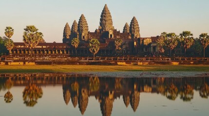 Fototapeta premium The iconic image of Angkor Wat at sunrise, with the temple reflecting in the moat and surrounded by palm trees.