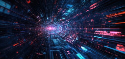 Obraz premium A vibrant digital tunnel with glowing lines, representing speed and technology, ideal for futuristic and sci-fi themes.