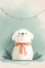 An adorable dog with a big orange bow around its neck, sitting under Christmas lights. Soft and festive illustration, perfect for greeting cards or holiday projects.