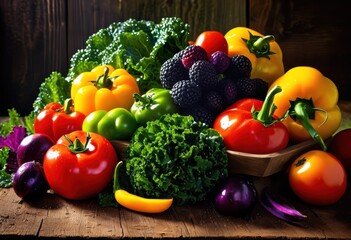 colorful display fresh fruits vegetables arranged natural surfaces featuring vibrant colors organic textures, arrangement, assortment, authentic, appetizing