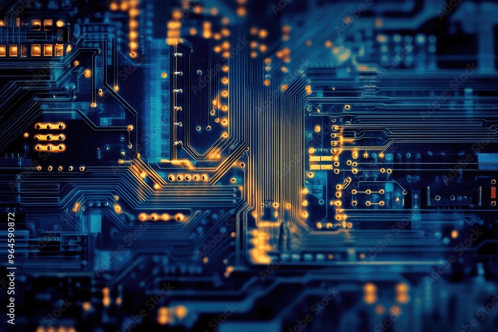 Poster an abstract close-up of a circuit board, featuring intricate patterns and glowing lights, illustrati