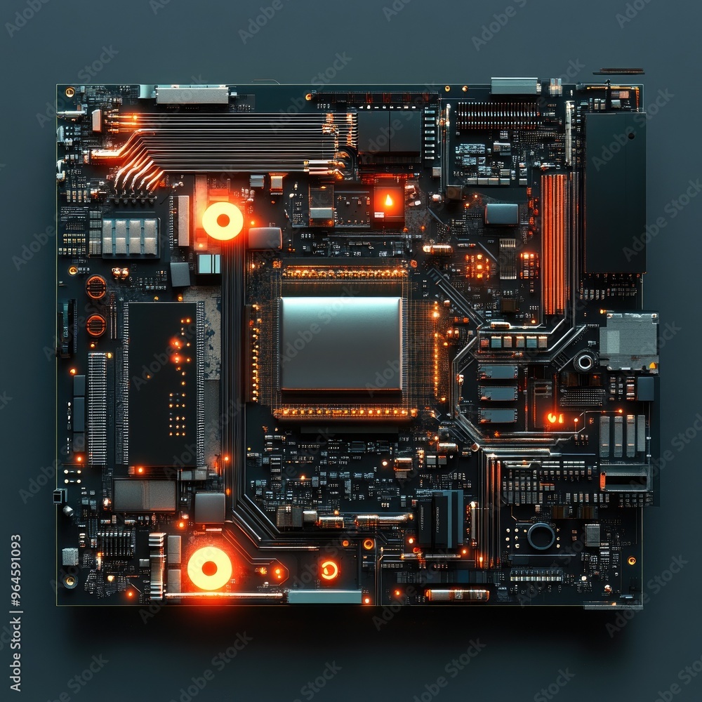 Poster close-up view of a modern circuit board with glowing components, showcasing intricate technology and