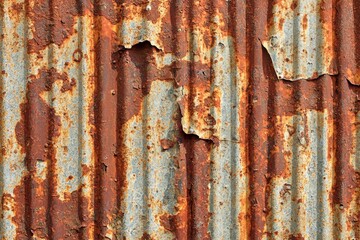 Obraz premium Close-up of rusted corrugated metal with peeling paint, showcasing textures and colors of decay and industrial aging.