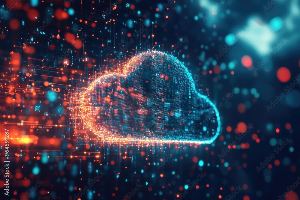 Poster futuristic cloud computing concept with glowing particles and digital effects, representing data sto