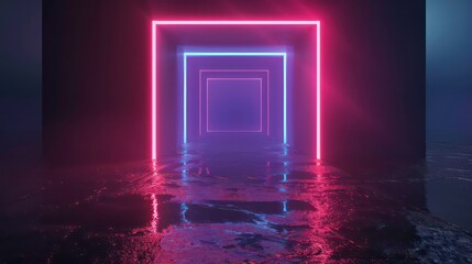 Neon light doorway reflection on a dark, wet surface.