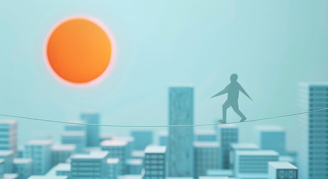 balancing act, urban landscape, tightrope walker, city skyline, motivational concept, sunlit background, sunset, personal growth, courage, ambition, overcoming challenges, dream pursuit, risk taking