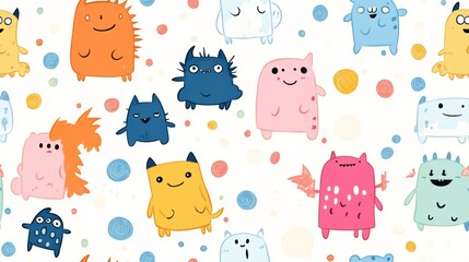 Seamless Pattern of Cute Monster Doodles in Vibrant Colors for Kids' Designs, Textiles, and Digital Projects