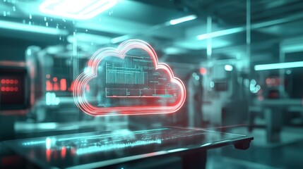 Close-up of a cloud server symbol with health data flowing into it, holographic visuals, blurred futuristic medical facility behind.